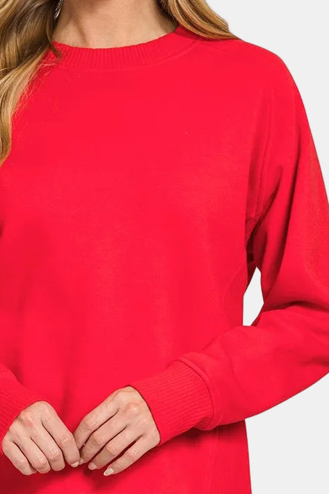 Fleece Round Neck Ribbed Side Raglan Sweatshirt / RUBY