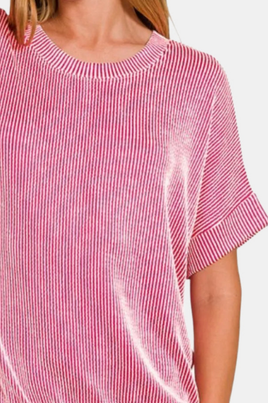 Corded Rib Short Sleeve Top / HOT PINK