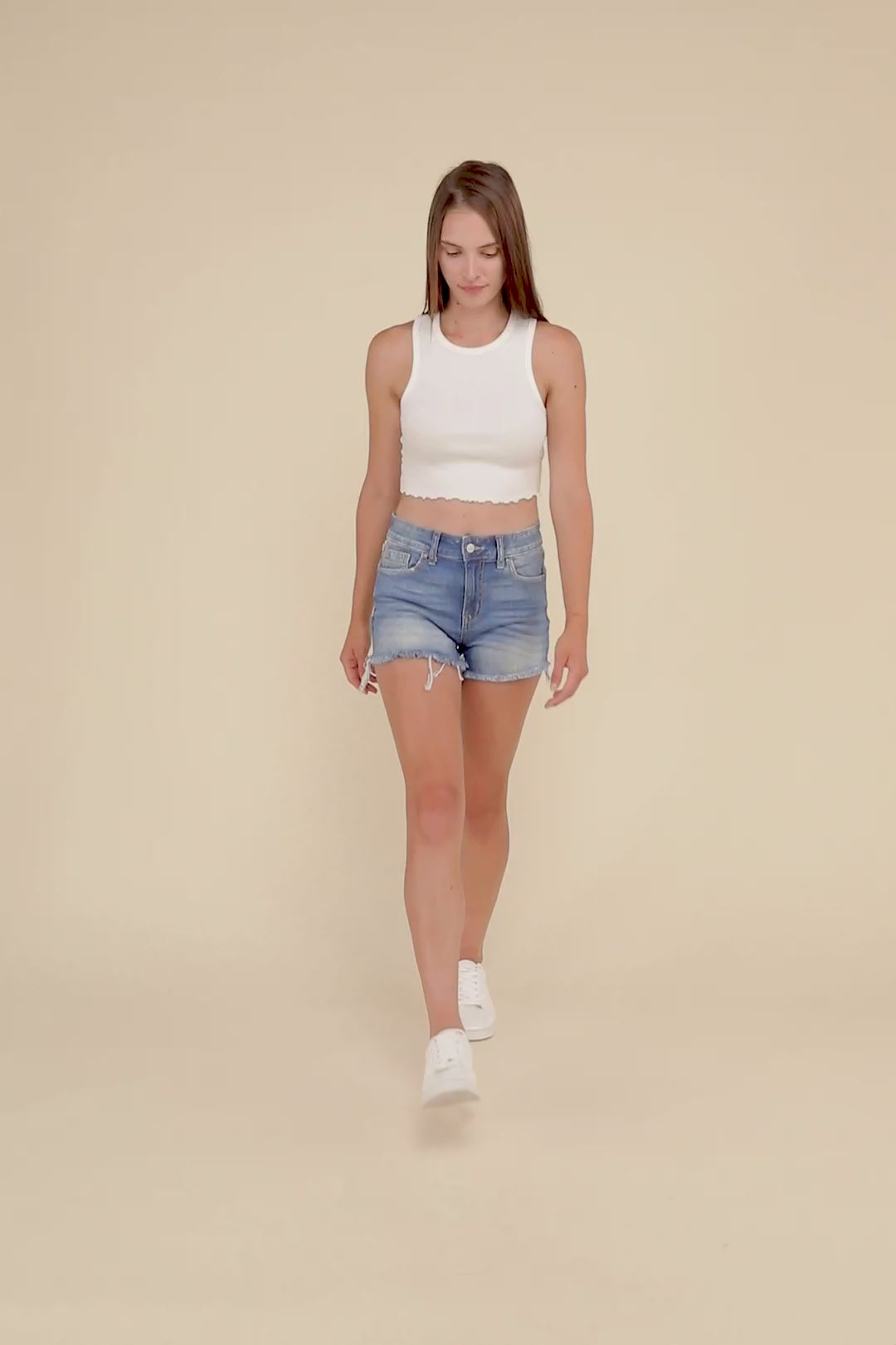 Mid Rise Raw Frayed Hem Denim Shorts