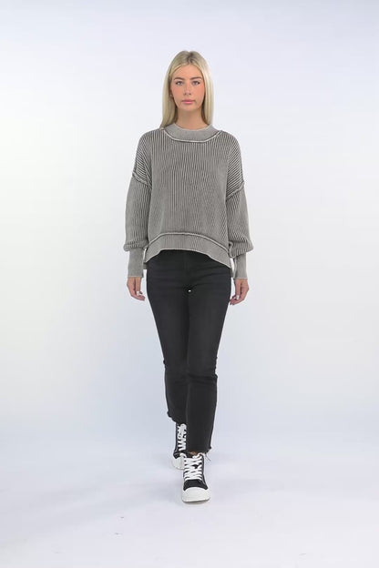 Washed Side Slit Oversized Cropped Sweater