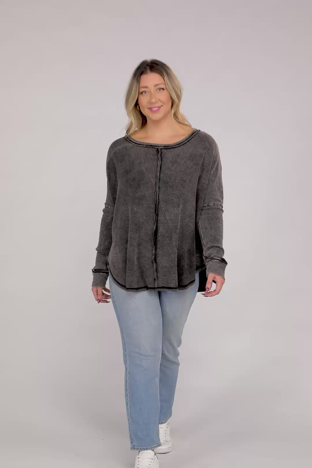 Plus Washed Baby Waffle Oversized Long Sleeve Top