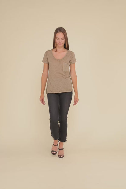 Washed Melange Burnout Scoop V-Neck Top