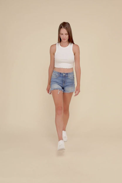 Plus Mid Rise Raw Frayed Hem Denim Shorts