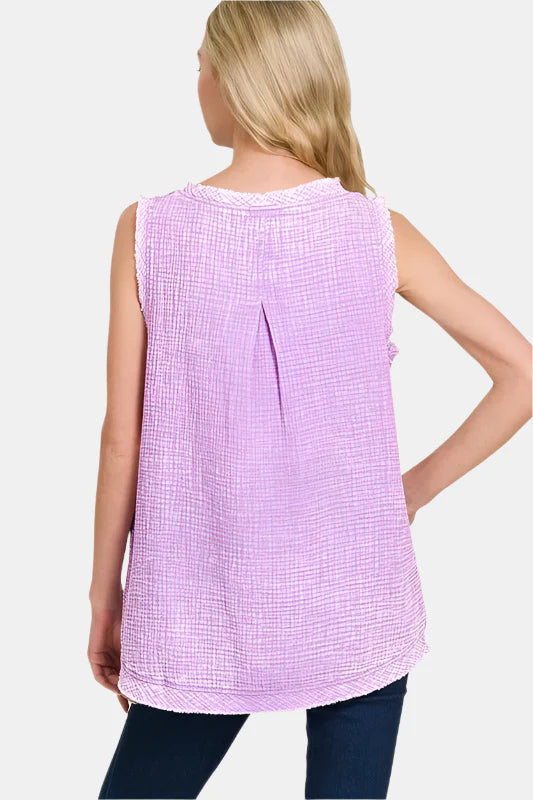 Double Gauze Raw Edge Acid Washed Tank Top / DUSTY TEAL