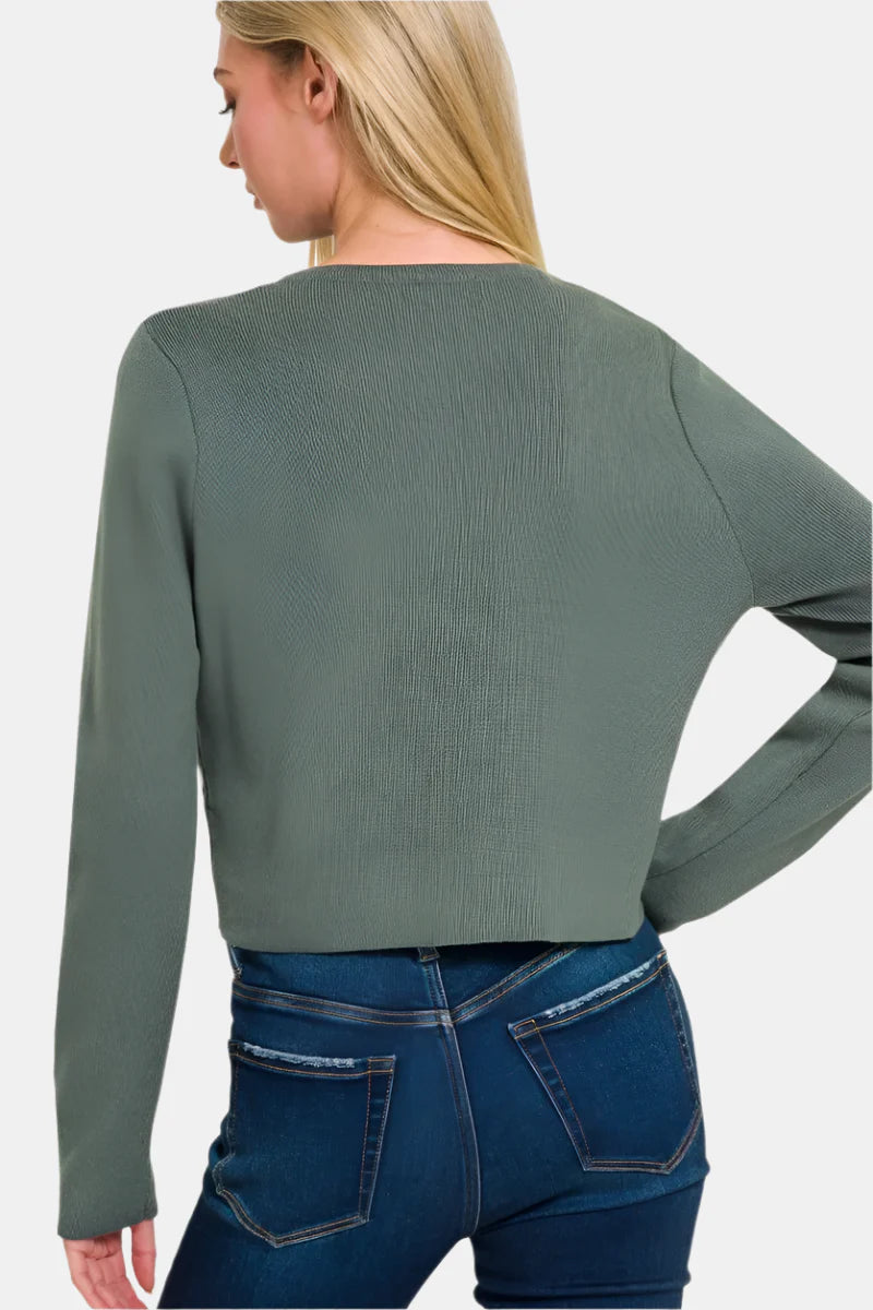 7 Button Crewneck Long Sleeve Cardigan / BLACK