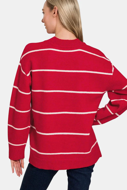 Round Neck Stripe Sweater / RUBY/IVORY