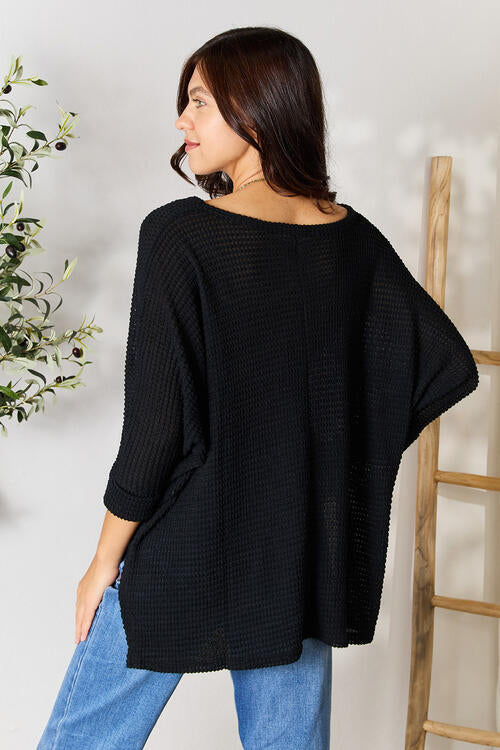 3/4 Sleeve V-Neck Hi-Low Hem Jacquard Sweater / BLACK