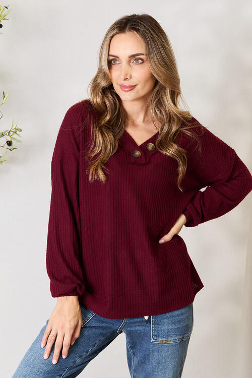 Brushed Waffle V-Neck Button Detail Sweater