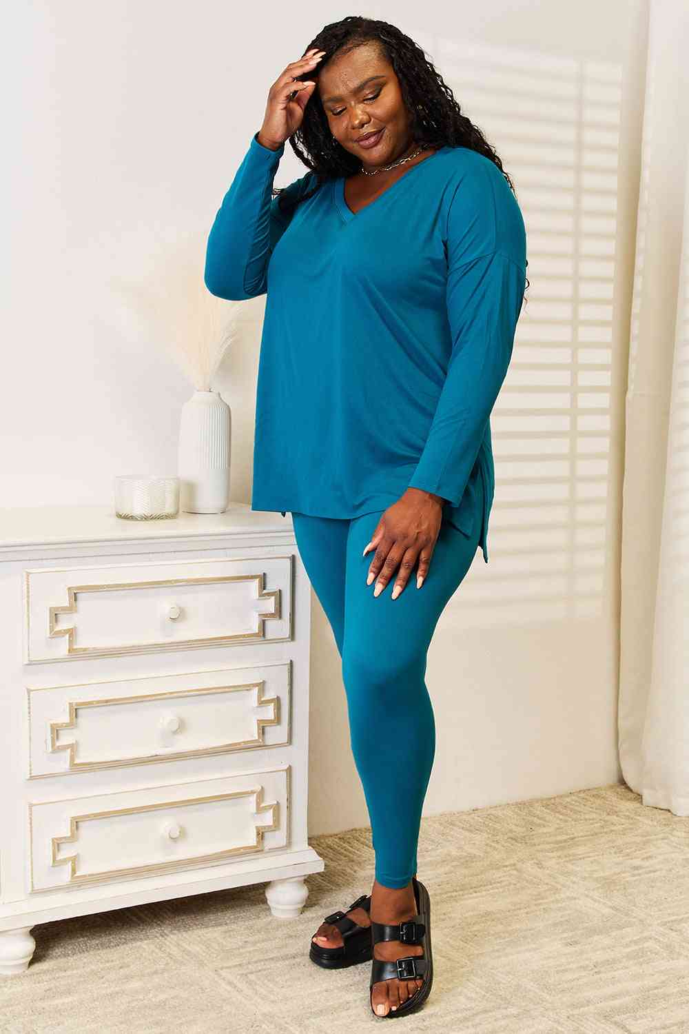 Zenana Plus Size V-Neck Short Sleeve & Leggings Comfy Loungewear Activewear  Set