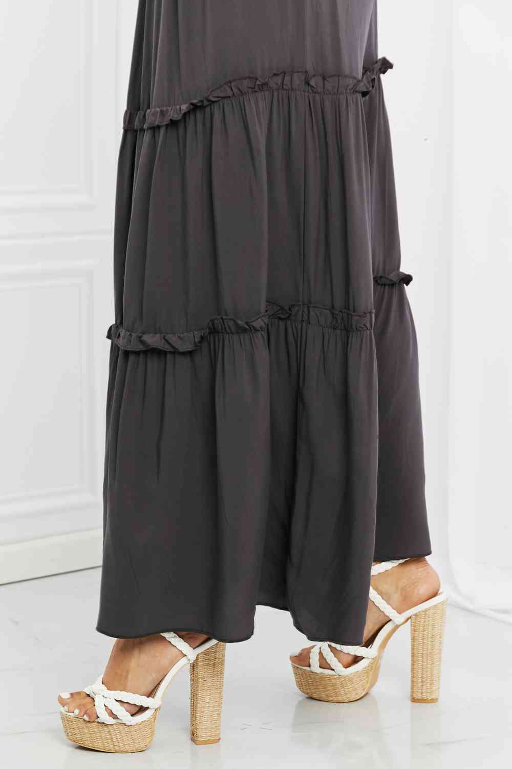 Woven Drawstring Waist Tiered Ruffle Maxi Skirt