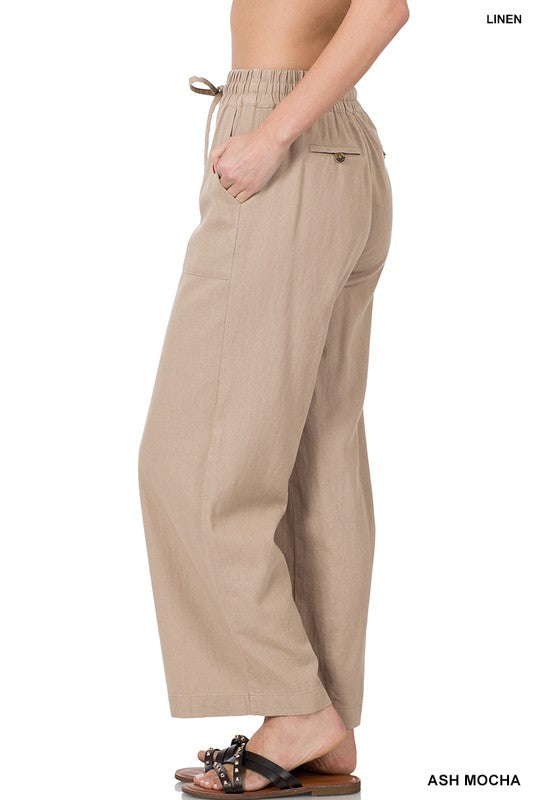 Zenana Linen Drawstring Waist Pants With Pockets