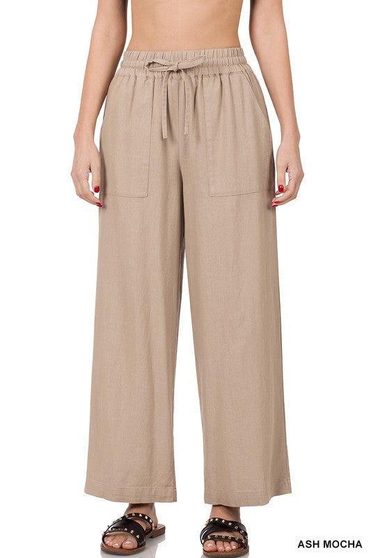 Zenana Linen Drawstring Waist Pants With Pockets
