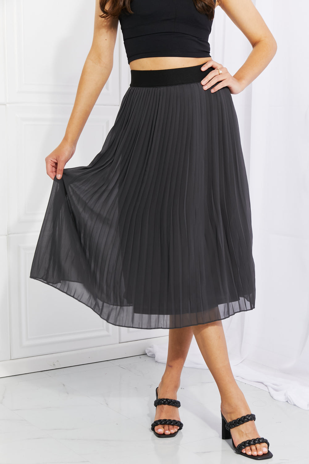 Woven Chiffon High Waist Pleated Midi Skirt