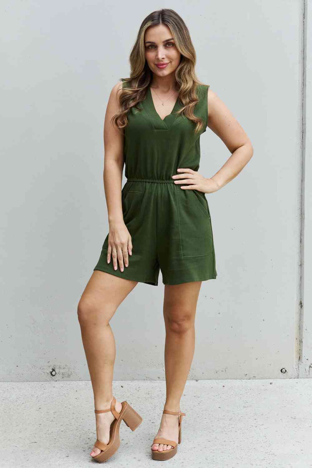 Cotton Sleeveless Romper With Pockets
