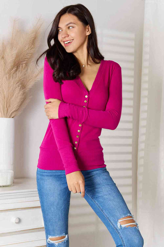 Snap Button Sweater Cardigan With Ribbed Detail
