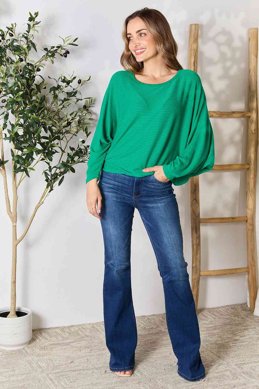 Ribbed Batwing Long Sleeve Boat Neck Sweater